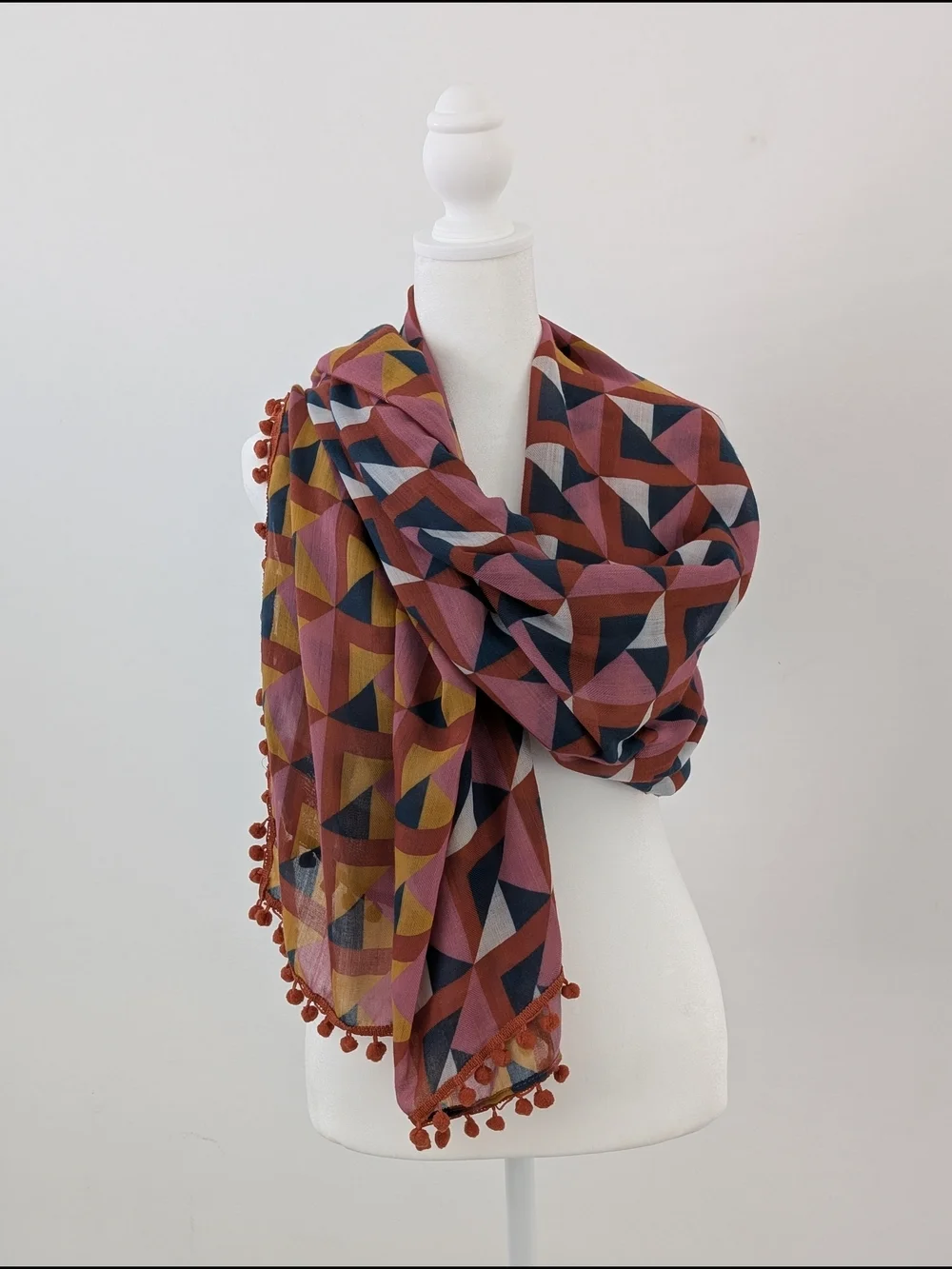 Prana Scarf Geometric Block Print Pom-Pom Trim Oversized 68